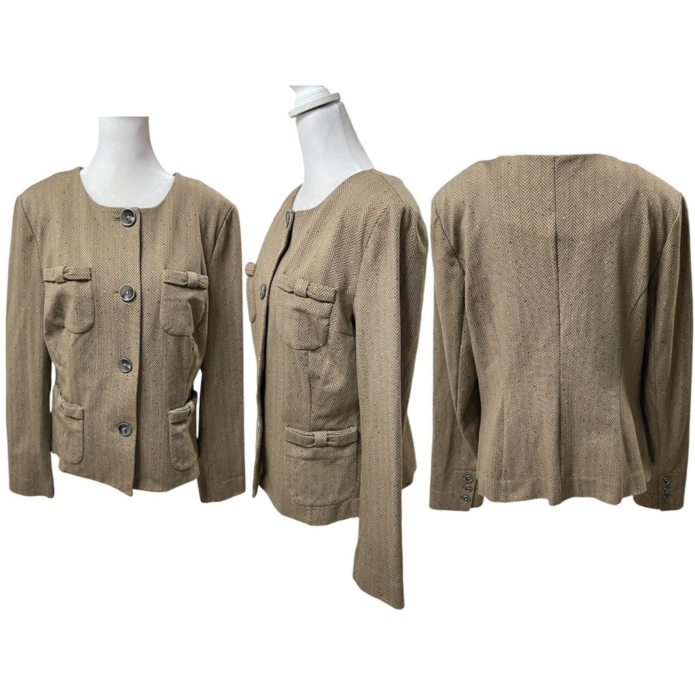CAbi Brown & Tan Herringbone Print #3170 Penny Blazer 4 Pockets on Front Size M